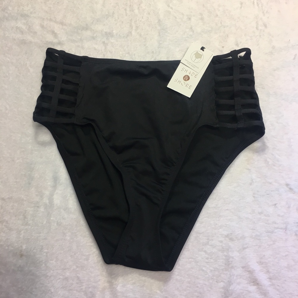 Shade & Shore Bikini Bottom Womens S Black NEW High Waist Strappy Side Cutout